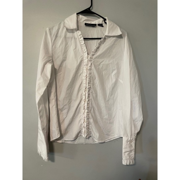 Impressions Tops - Impressions White Ruffle Trim Button Down Blouse Long Sleeve Office Top Medium